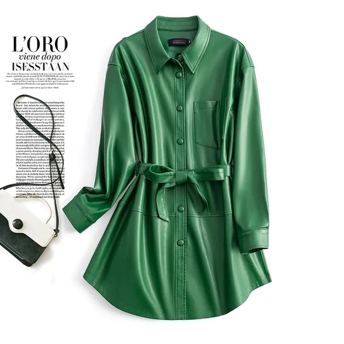 Imagen 1 del producto Abrigo de piel de oveja para mujer, chaqueta informal con cinturón de un solo pecho de longitud media, de piel de oveja auténtica, prendas de vestir, otoño 2024