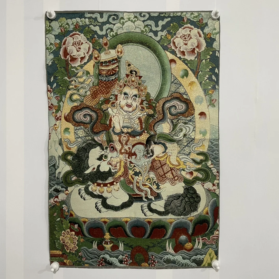 

35"Thangka Embroidery Tibetan Buddhism silk brocade Vaisravana Sitting Buddha Treasure King Thangka hanging screen Worship Hall