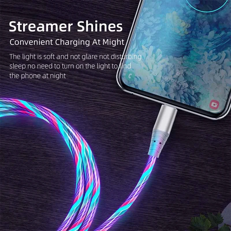 Glowing Cable LED Micro USB Type C Cable 3A Fast Charging for iPhone Samsung Xiaomi OPPO Huawei Flowing Streamer USB C Cord 2M