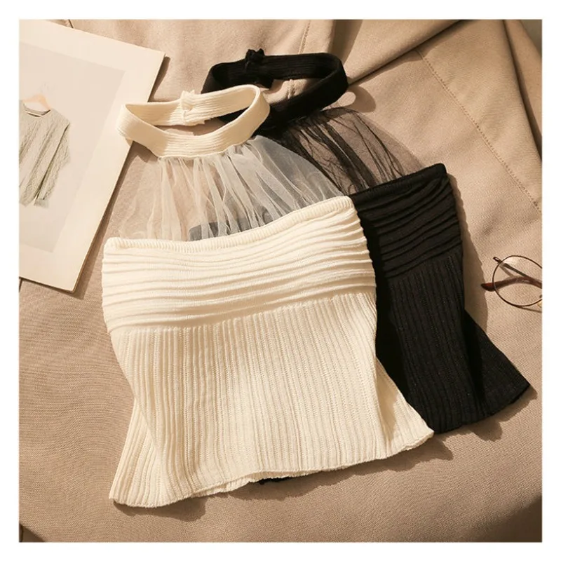 Slim Sexy Net Yarn Patchwork Halter Solid Color Camisole Women Spring Summer Elegant Temperament All-match Trend Fashion Tops