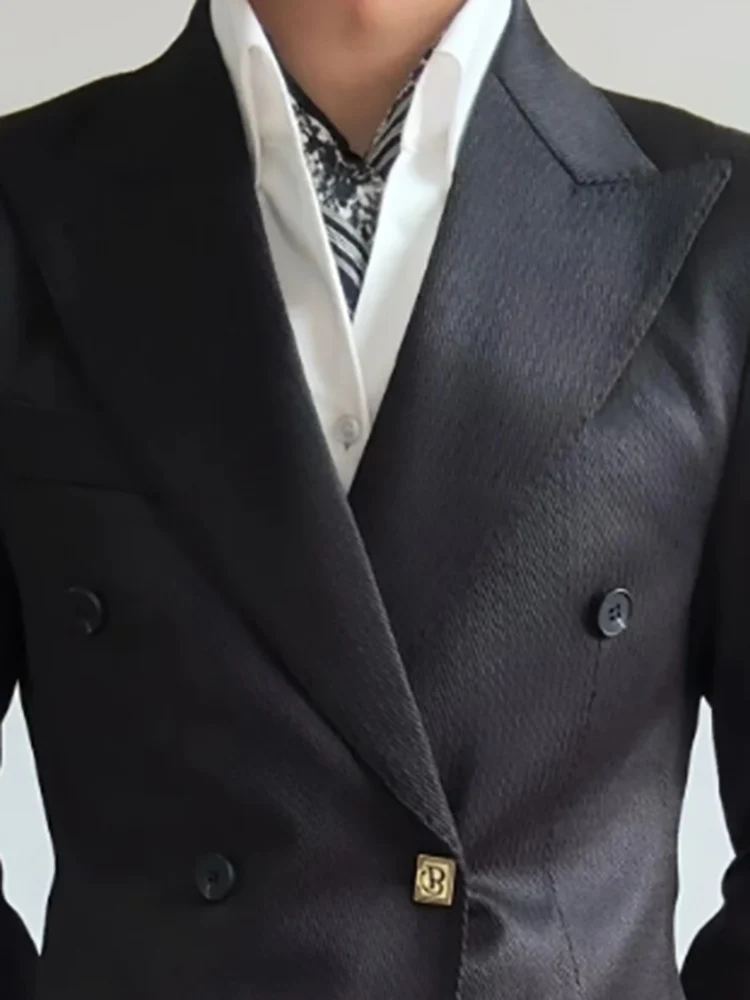 

Elegant Vintage Business Men Suit Blazer Black Lapel Double-breasted Formal Long Sleeve Multiple Pockets Prom Party Suit Blazer