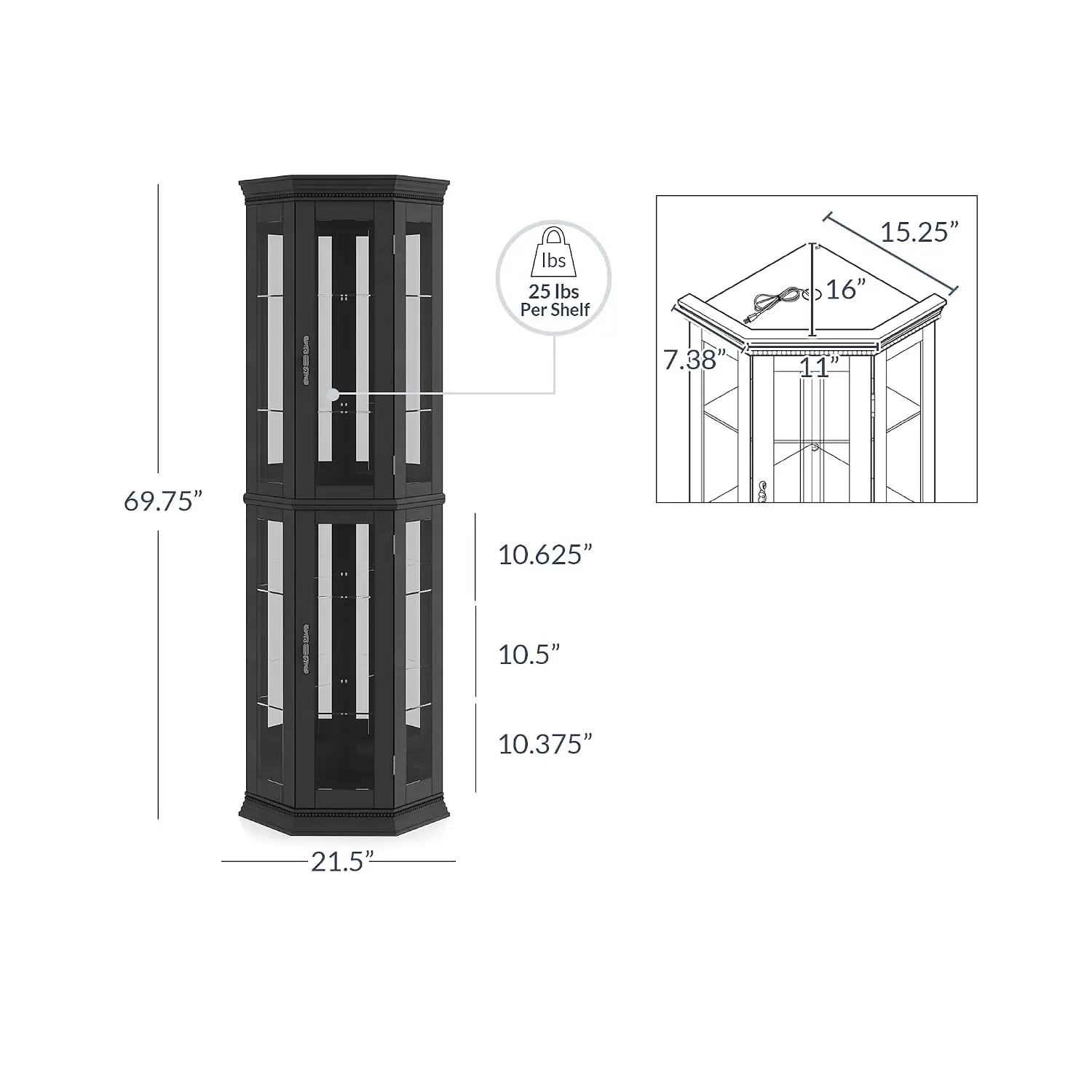Glass Display Cabinet W/Tempered Doors & Shelves, Wooden Corner Rack W/Bulb For Living Room & Bedroom, Black, Customized