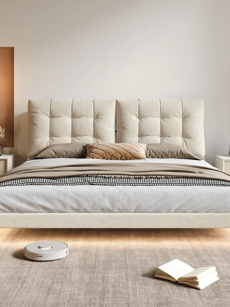 Suspended Bed Induction Lamp Light Luxury Technology Fabric Bed Master Bedroom Cream Wind Suspended Double Bed