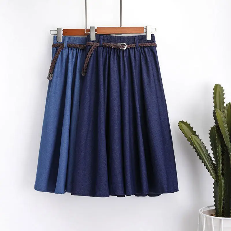 

Юбка женская трапециевидная из денима, милая однотонная джинсовая юбка в литературном стиле, с эластичным поясом, с завышенной талией, в литературном стиле