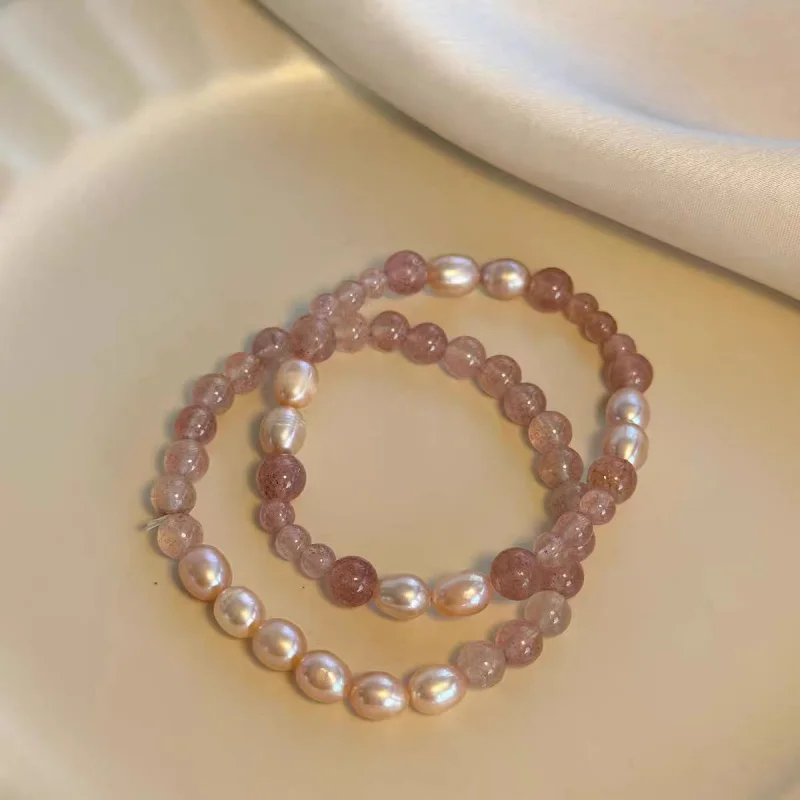 

Orange Pink Strawberry Crystal Gradient Stitching Bracelet Versatile Layered Design Peach Blossom Luck Sweet Crystal Bracelet