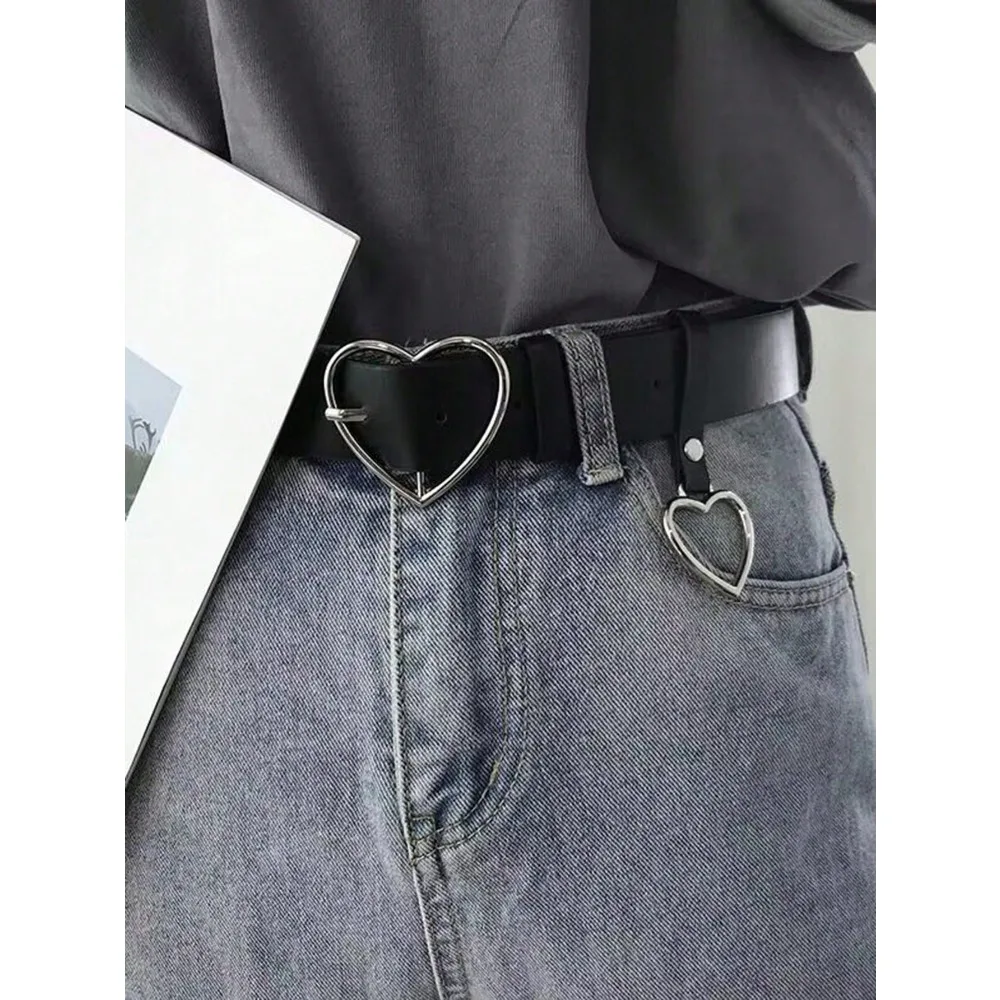 Fashionable Creative Women's Harajuku Heart-Shaped Buckle Belt With Detachable Pink Heart Pendant And Black Pu Strap