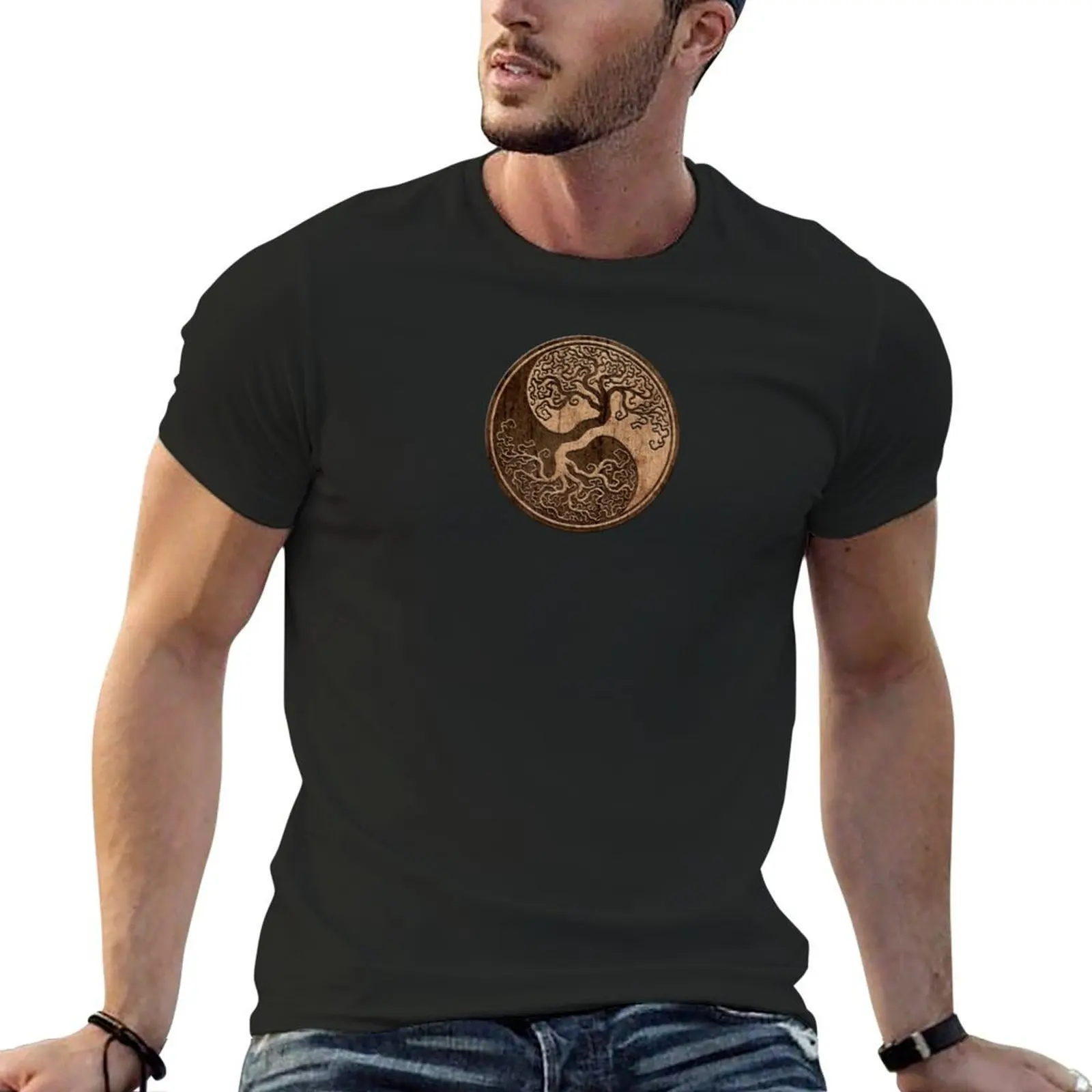 Rough Wood Grain Effect Tree of Life Yin Yang T-Shirt street wear vintage mens graphic t-shirts