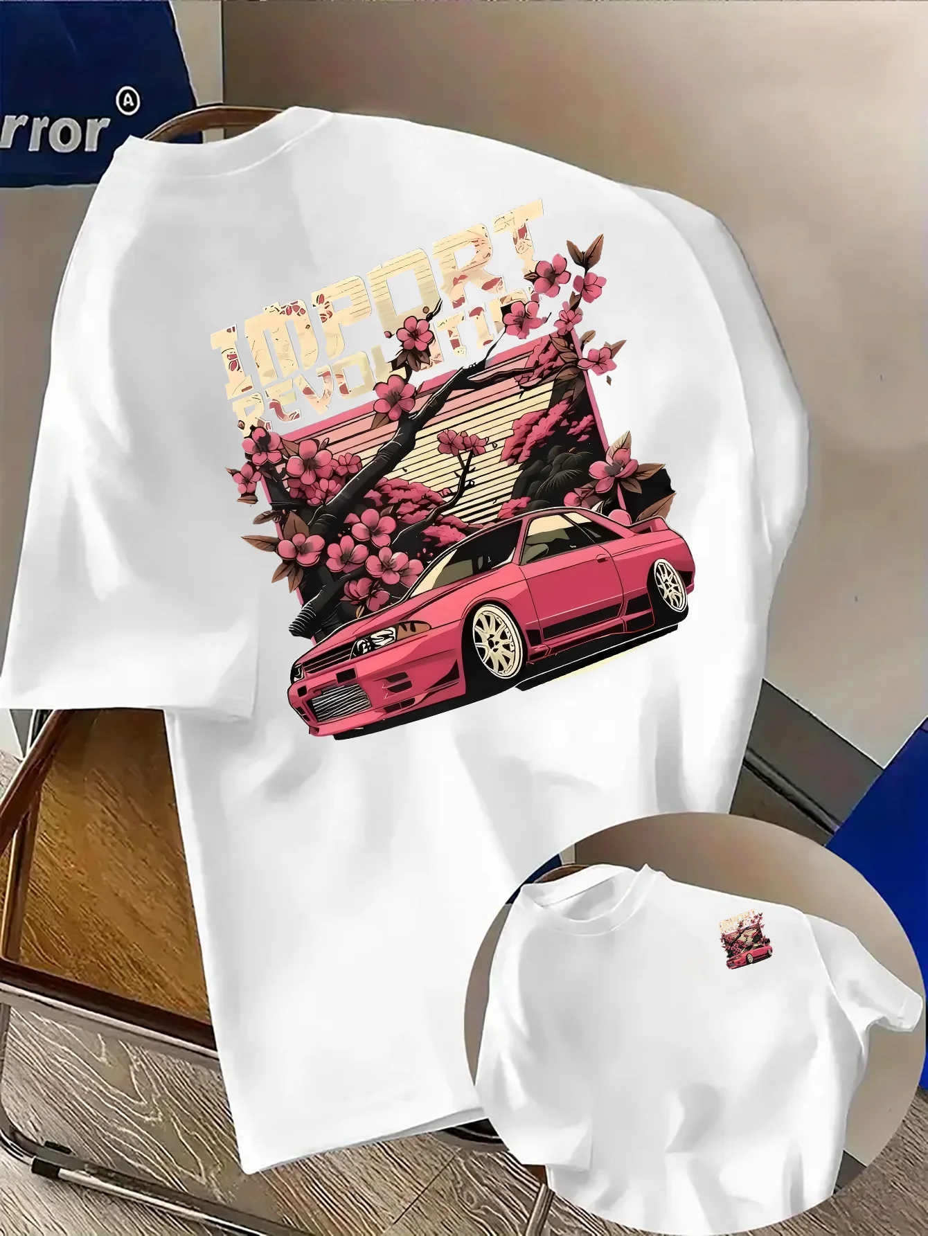 JDM Style Sports Car with Cherry Blossom Print on Premium Soft 100% Cotton Mens T Shirt Perfect Summer Casual Streetwear Style