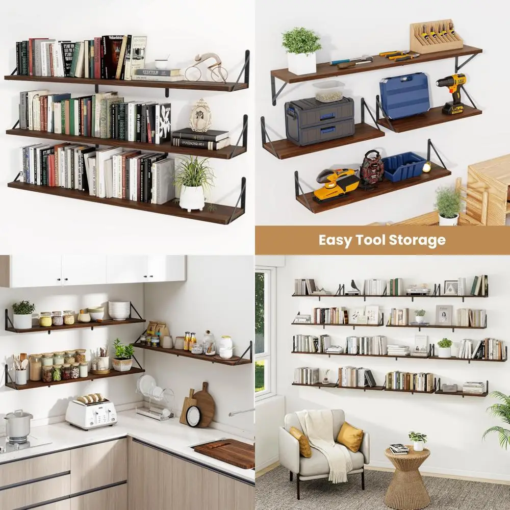 

Large 48 Inch Set of 3 Wall Mounted Wooden Shelves, Heavy Duty for Living Room and Bedroom Use