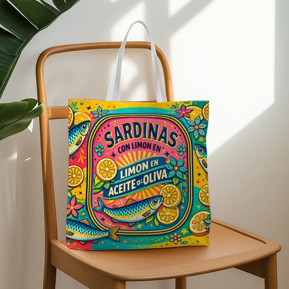 1pc Retro Pop Art Packaging Tote Bag, Colorful Sardines Label Design Reusable Grocery Shopping Bag, Double-Sided Printed Handbag