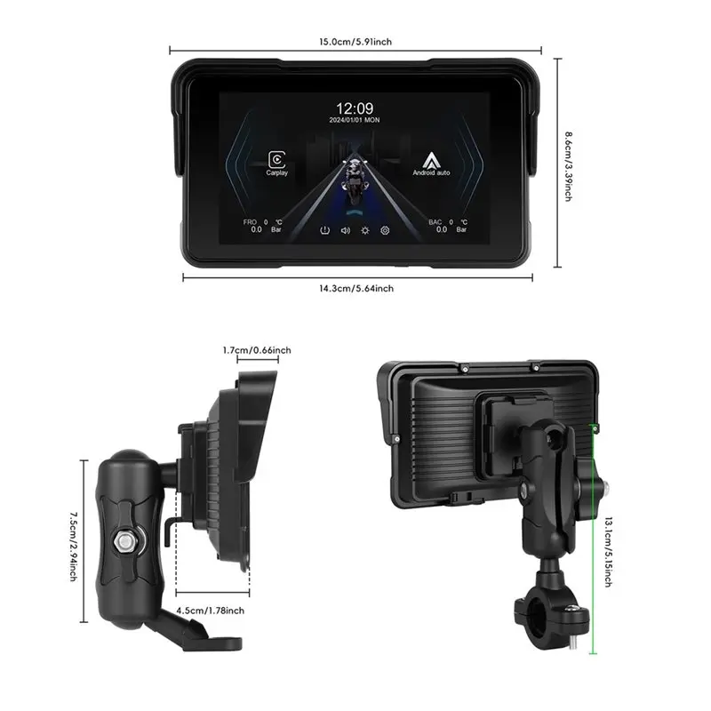 A03E-5'' Motorcycle Wireless Carplay Android Auto Smart Screen Player Waterproof Navigation Moto DVR Recorder