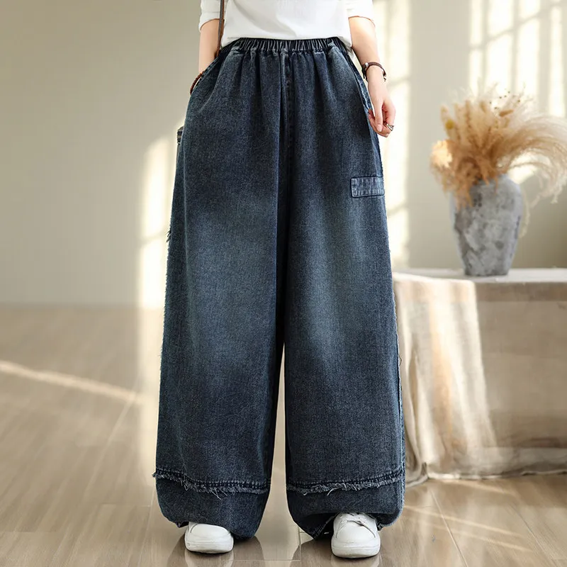 Loose Oversized Wide Leg Denim Pants Elastic Waist Frayed Raw Hem Patch Design Side Pockets Casual Daily Wear Denim Trousers