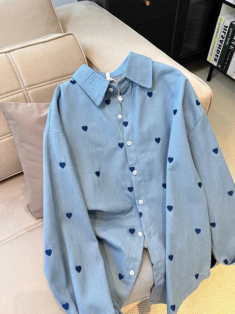 

Retro Heart Print Denim irt Loose Long Sve Casual Sle for Men And Women Spring Autumn Trendy Top Warmth Function