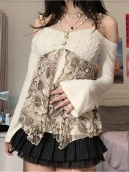 Top Y2K Lolita Tops Off Shoulder Cyber Lace Top Exposure Simple Clothes 2024 Off White Women Gyaru Long Sleeve Clothes for Women