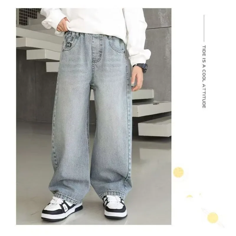 Herbst Kinder Jeans UNITIM 4-14 Jahre Jungen Denim-Hosen mit Schriftzetteltasche Lose Elastische Taille Junior Jungen Gerade Hosen Teenager Jungen Hose – Detail 14