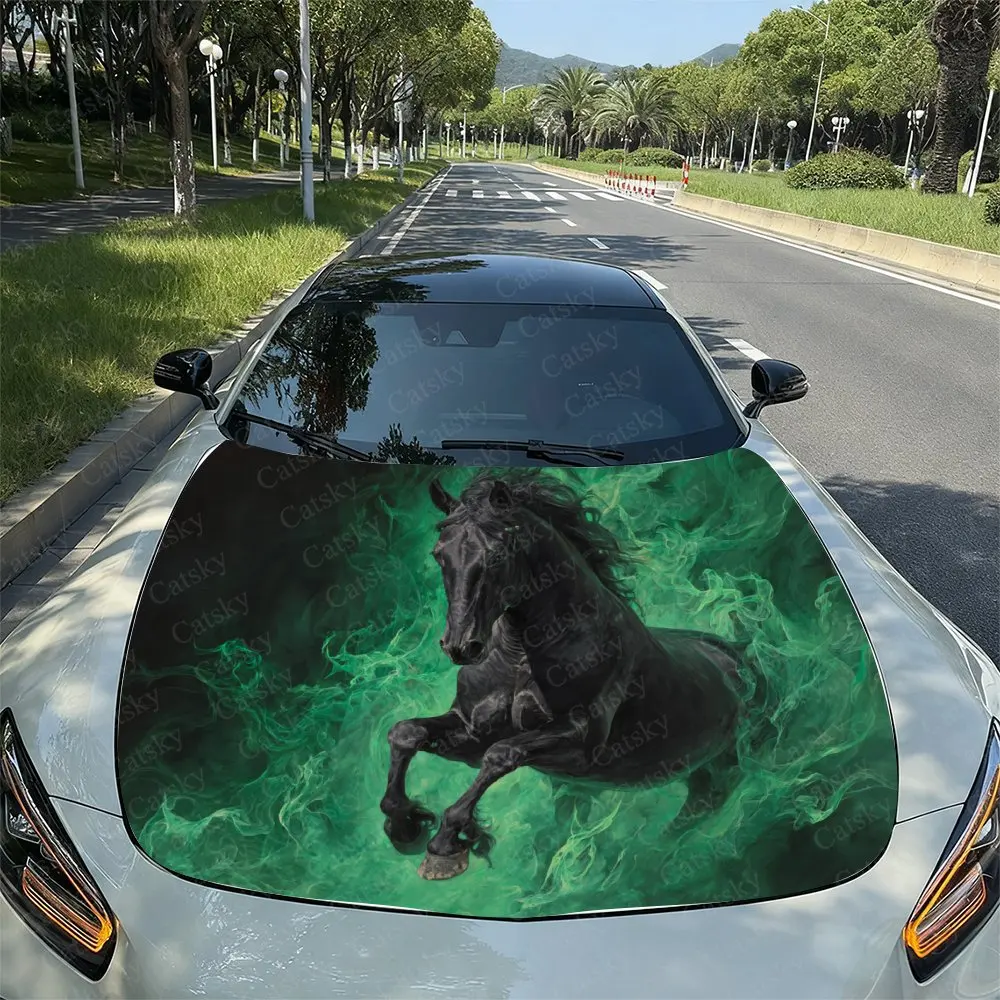 

Green Energy Flame Black Horse Car Hood Wrap Colorful Vinyl Sticker For Trucks, Decorative Bonnet Graphics And Auto Accessories,
