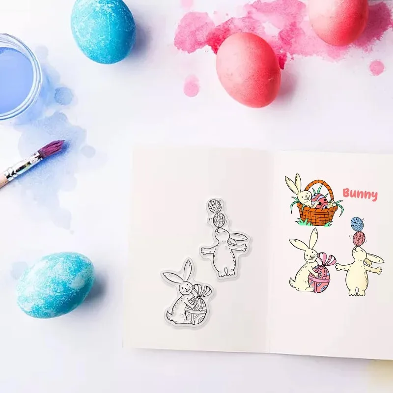 1Sheet Easter Clear Stamps Rabbit Wreath Egg Silicone Stamps Bunny Transparent Seal Stamps Film Frame Clear Stamp Seal for Paper — zdjęcie 5