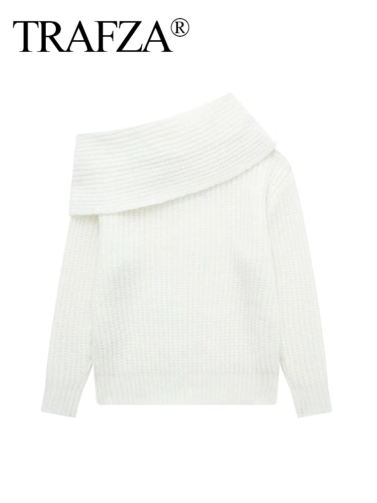 TRAFZA Spring Sweaters For Women Elegant White Slash Neck Off Shoulders Long Sleeve Sweater Pullover Female Chic Knitted Tops