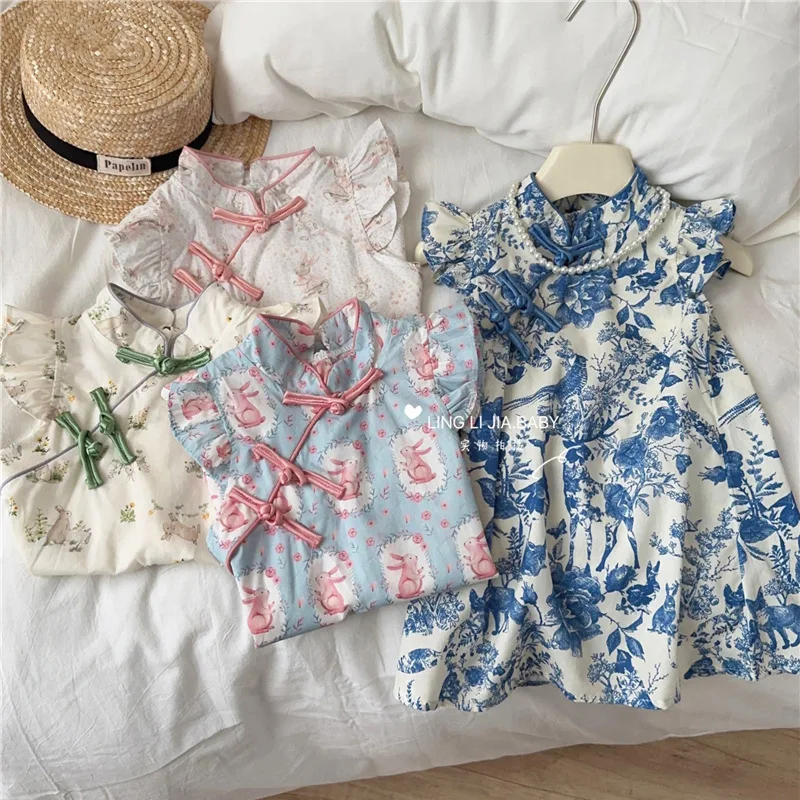 

Dress For Girls In Summer 2024, New Children's Sweet And Fresh, Improved Chinese Style Button Up Cheongsam Skirt