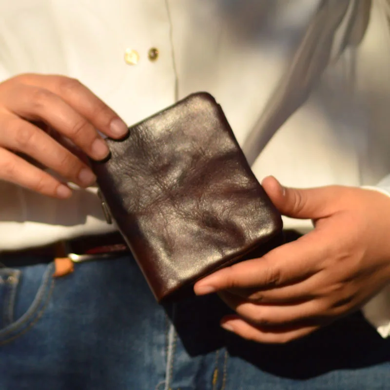 

AETOO Make old plain leather wallet pleated short money clip Leather men's bill clip Vintage multi-slot zipper soft wallet walle