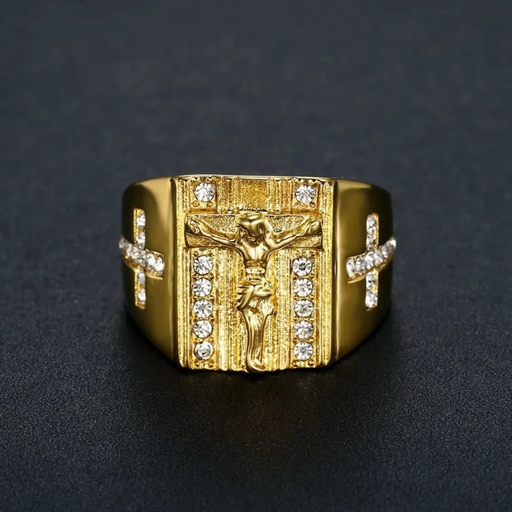 Hip Hop Iced Out Religious Jesus Cross Ring Gold Color Stainless Steel Christian Rings For Women & Men Wholesale Anel Masculino