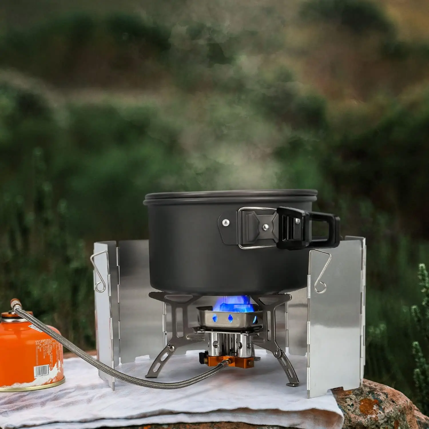 Stove Camping Gas Stove with Fuel Canister Adapter, Piezo Ignition, Carry Case, Portable Collapsible Stove Burner