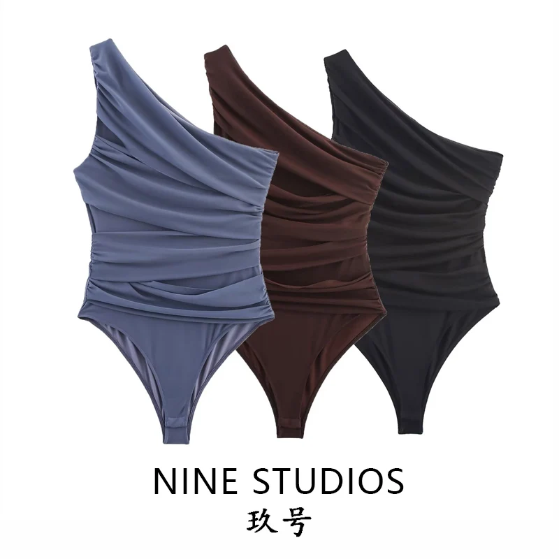 

Sexy Asymmetric Pleated Slim Fit Single oulder Silk Net Onesie High Waist Straight Cut Commute Sle ort Pant Leggings