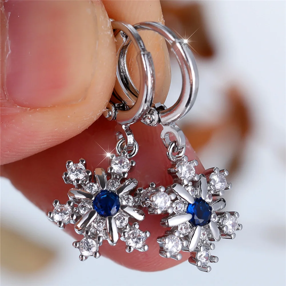 Cute Female White Blue Zircon Stone Snowflake Hoop Earrings Fashion Female Silver Color Wedding Jewelry For Women