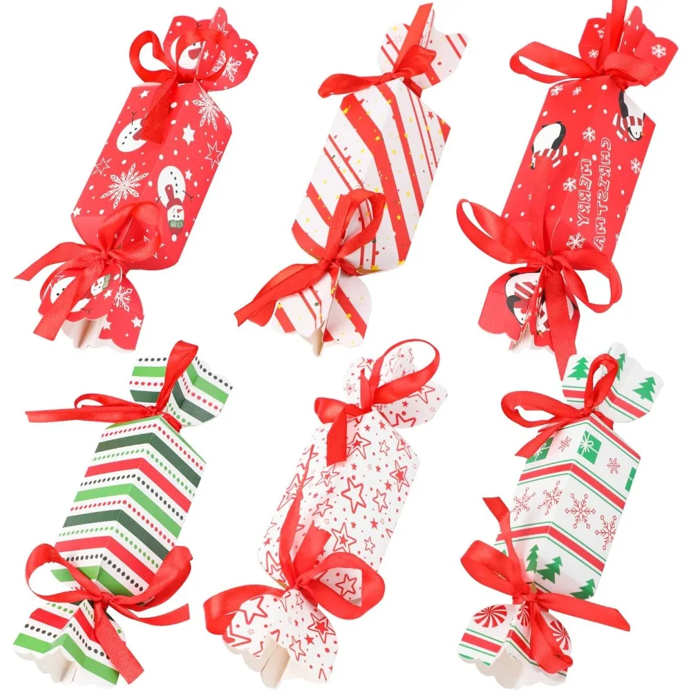 

24PCS Christmas Candy Boxes, 6 Styles Christmas Treat Gift Boxes Xmas Paper Boxes with Ribbon Candy Shape Small Sweet Box