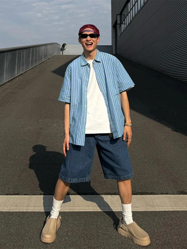 Deep Blue Men's Loose Fit Straight Leg Jeans ort Pants American High Street Sle Summer Faion Youth Trend Five-Quarter L...