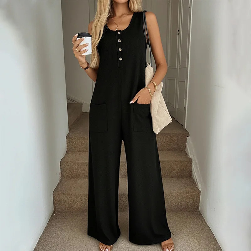 2026 Spring and Summer New Solid Color Casual Versatile Daily Lazy Loose Strap Pants Women's Jumpsuit