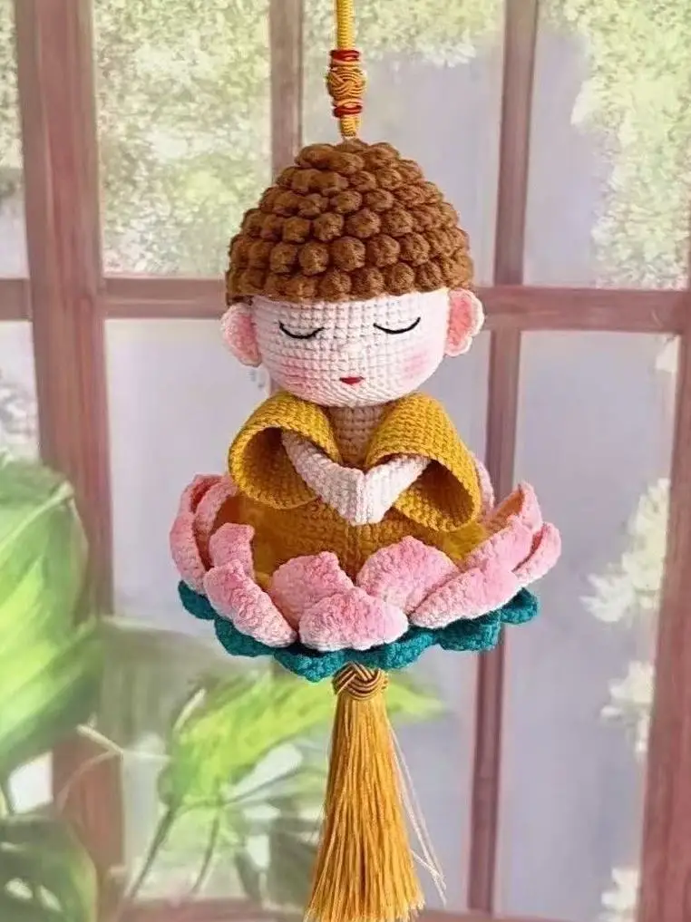 Hand Knitted DIY Material Kit Cute Buddha Doll Car Hanging Ornament Crocheted with Yarn Crafts Finished Product