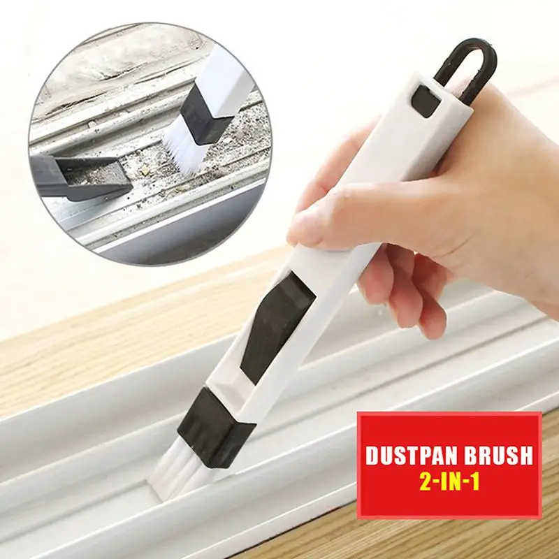 2 In 1 Window Groove Cleaning Brush Portable Stiff Bristle with Built-in Dustpan for Home Door Gap Track Cleaning