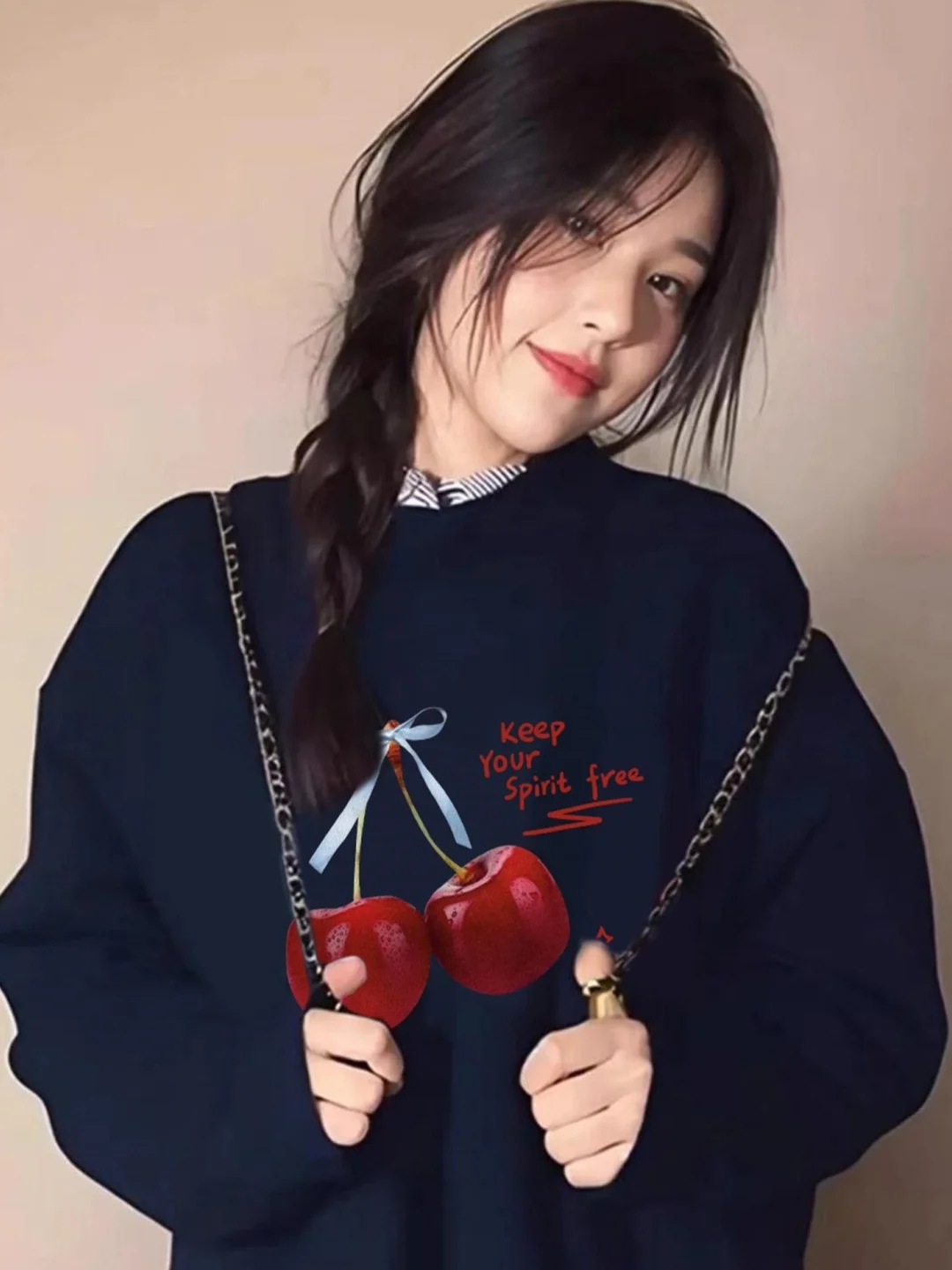 

Свободный свитшот с длинными рукавами и круглым вырезом, женский, синий, плотный, для ранней осени, тонкий, модный, с вишнёвым принтом