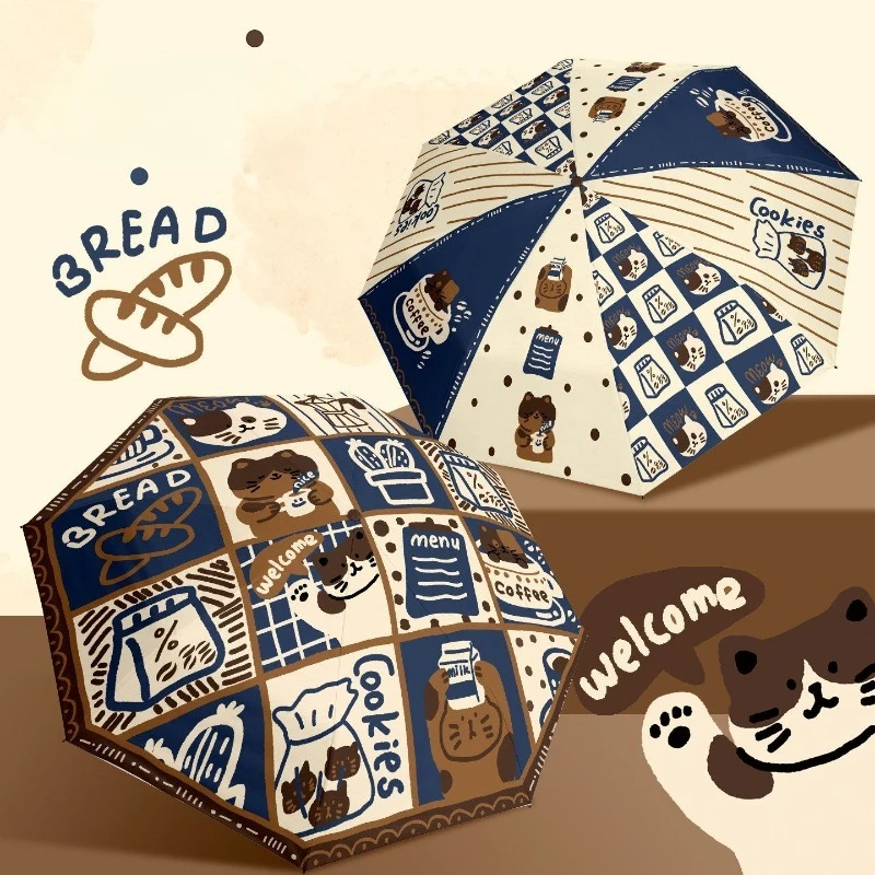 Cute Cat Pattern Sun Umbrella Portable Foldable UV Protection Waterproof Dual Use Rain and Sun Umbrella for Outdoor Travel