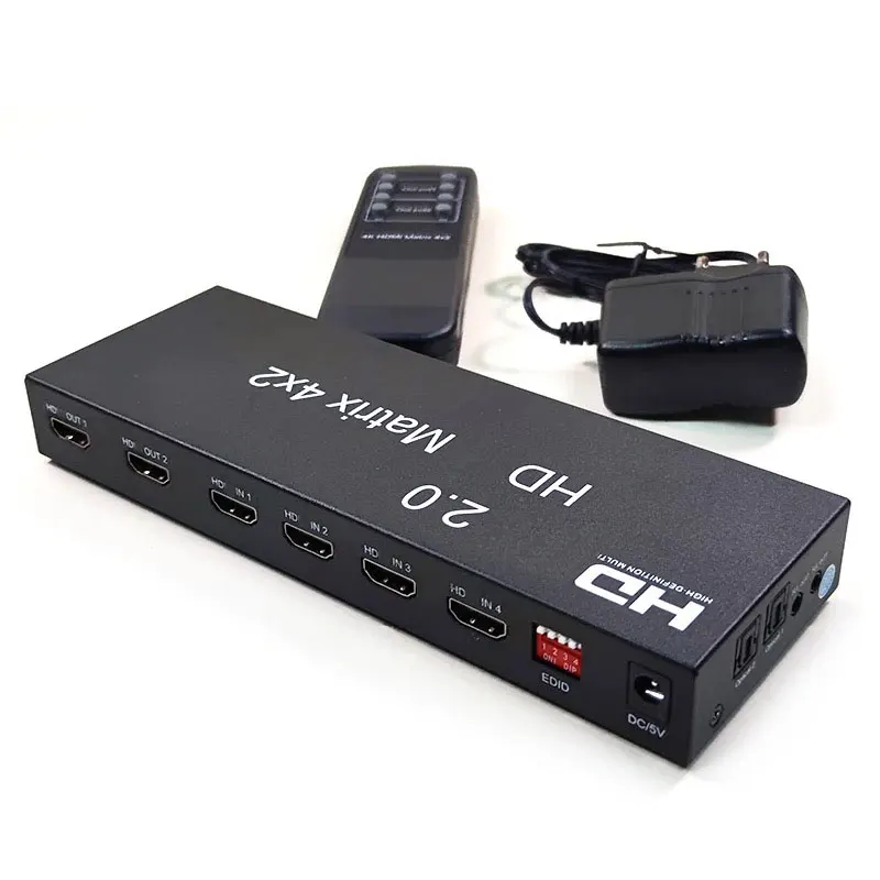 

4K 60Hz 4x2 HDMI-compatible Matrix Switch 2x4 Video Switcher Splitter with Optical+3.5mm Audio Output HDCP2.2 Audio Extractor