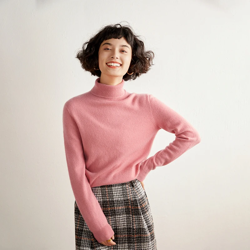 First line ready to wear seamless pile collar 100% cashmere sweater women's soft and sticky high neck style pullover knitted top