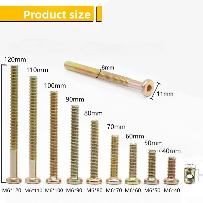 Set of 10 bagged galvanised carbon steel flat-head hex socket set screws and nuts, M6 x 40–120 mm
