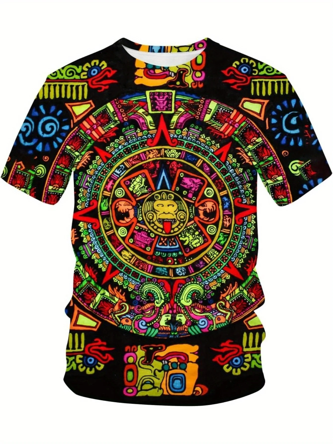 Men Short Sleeve Crew Neck T‑Shirt Aztec Sun Calendar Mayan Totem Colorful Tribal Ethnic Full‑Print Casual Tops