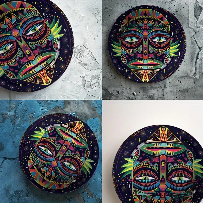 2D Flat, 1pc Modern Bohemian African Tribal Face Wall Plate - Hand-Painted-Look Ceramic Decorative Plate with Female Face Art,