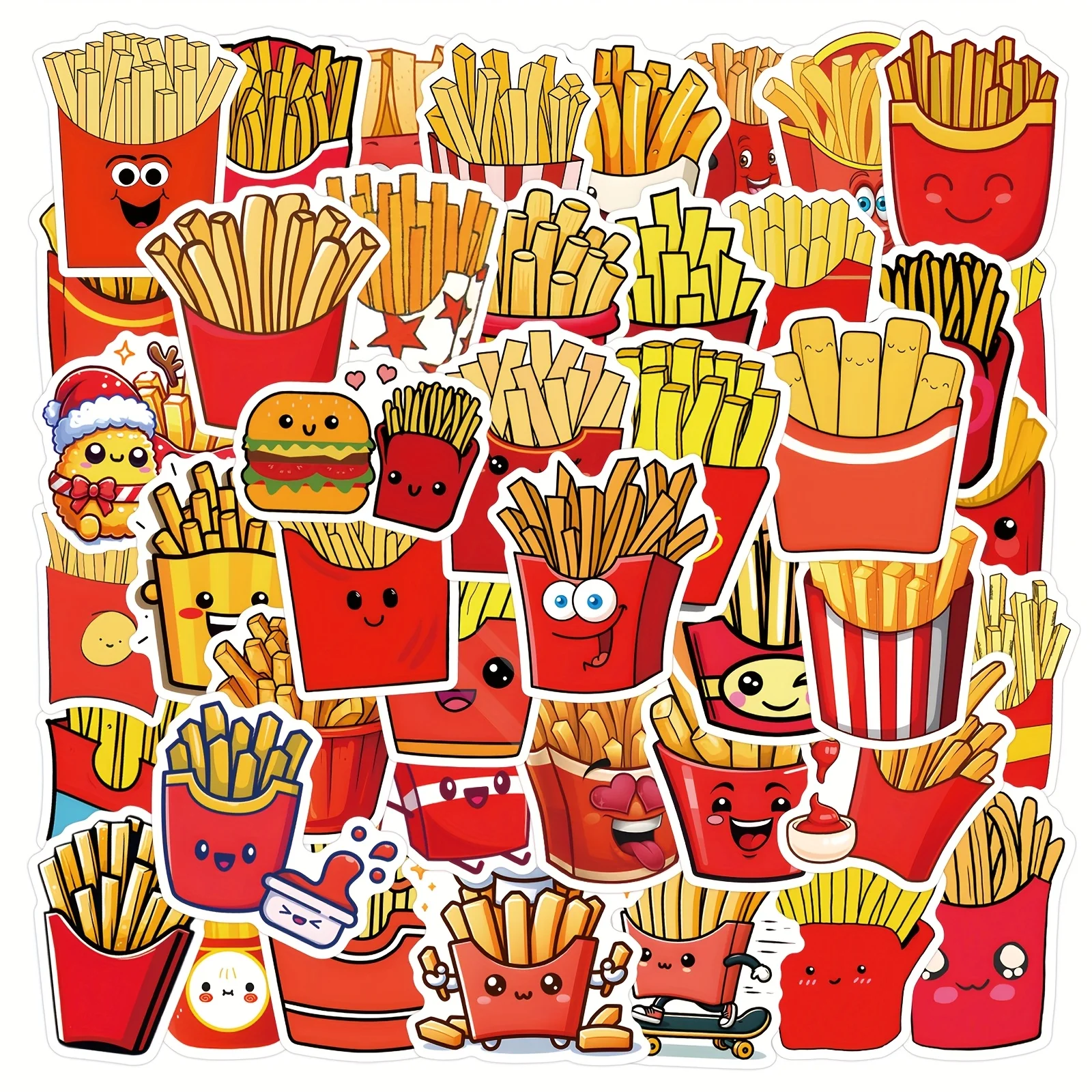 55pcs Fun French Fries Stickers for Laptops, Skateboards, Guitars, Cups Decoration Assorted Cartoon Designs Party Sticker