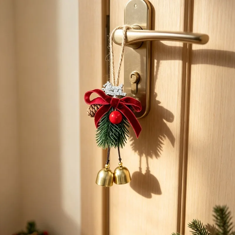 Christmas Jingle Bells Door Hanger Ornament Velvet Bow Pine Bell Metal Crisp Sound Pine Cone Bell Pendant Home Door Decorations