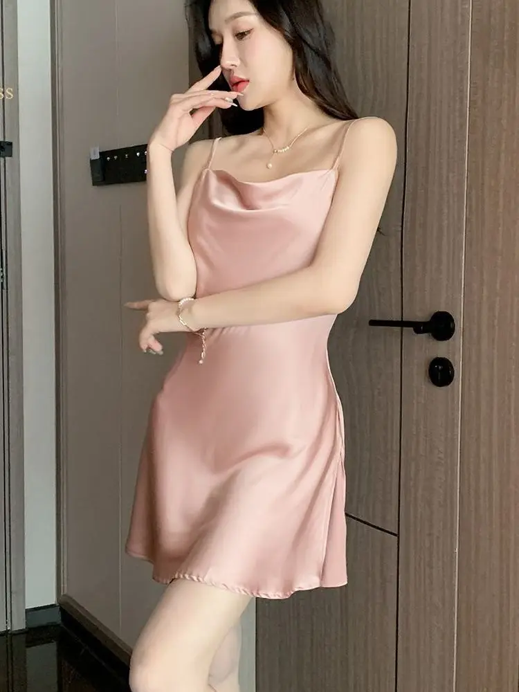 Women's Summer Thin Ice Silk Private Room Mature Charm Elegant Gentle Suspended Dress With Open Back Pink Underwear Dress 1QSH