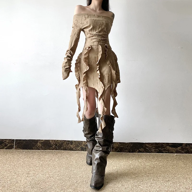 One-shoulder Long-sleeved Dress with Frilly Hem and Irregular Pattern - Simple Solid Waist-length Skirt maxi dresses for women