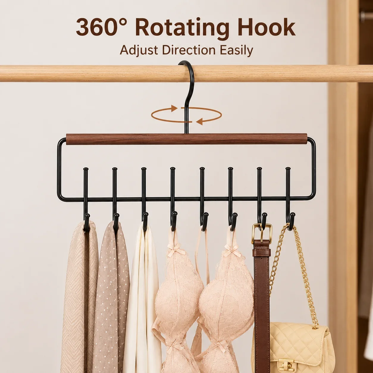 Tie Belt Scarf Hanger 8 Hooks Closet Organizer Space Saving Rotating Hook Iron Rack for Bra Tank Top Handbag Wardrobe Storage