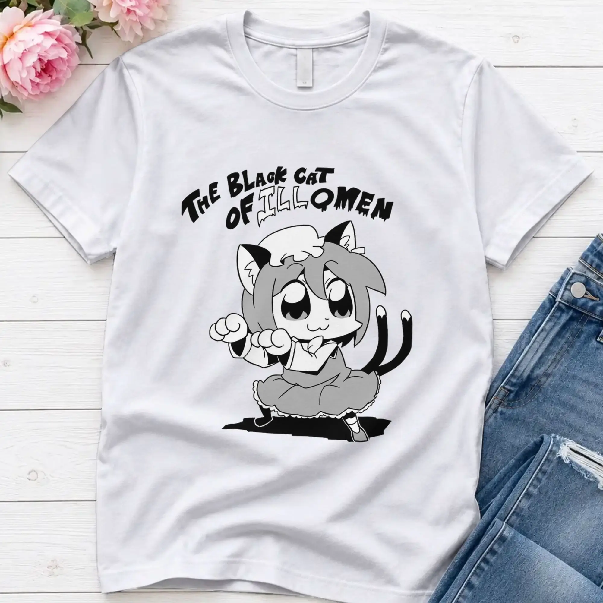 The Black Cat  T Shirt Men 100% Cotton Cool T-Shirt Round Collar Touhou Project Tees Short Sleeve Clothes Plus Size
