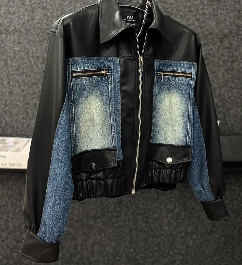 Veste en cuir à manches longues pour hommes avec fermeture éclair, vestes en denim épissées pour hommes, court et décontracté, mode haut de gamme, printemps et automne, 2024