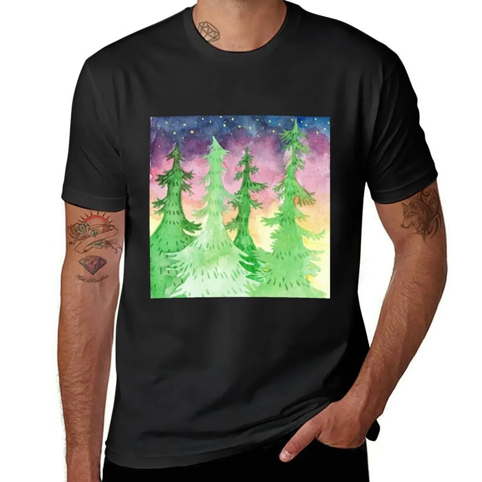 

Watercolor Forest Sunset Galaxy Evergreen Wilderness Walk Camping T-Shirt oversized rapper graphic tees black t shirts for men