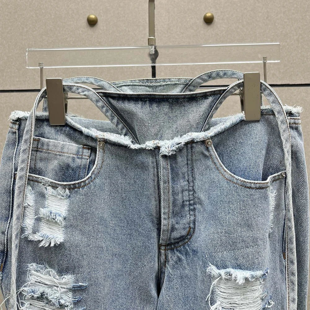 Jean délavé Vintage en coton pour femme, pantalon déchiré à jambe droite avec accents de strass découpés, nouvelle collection automne/hiver 2025 Y2K