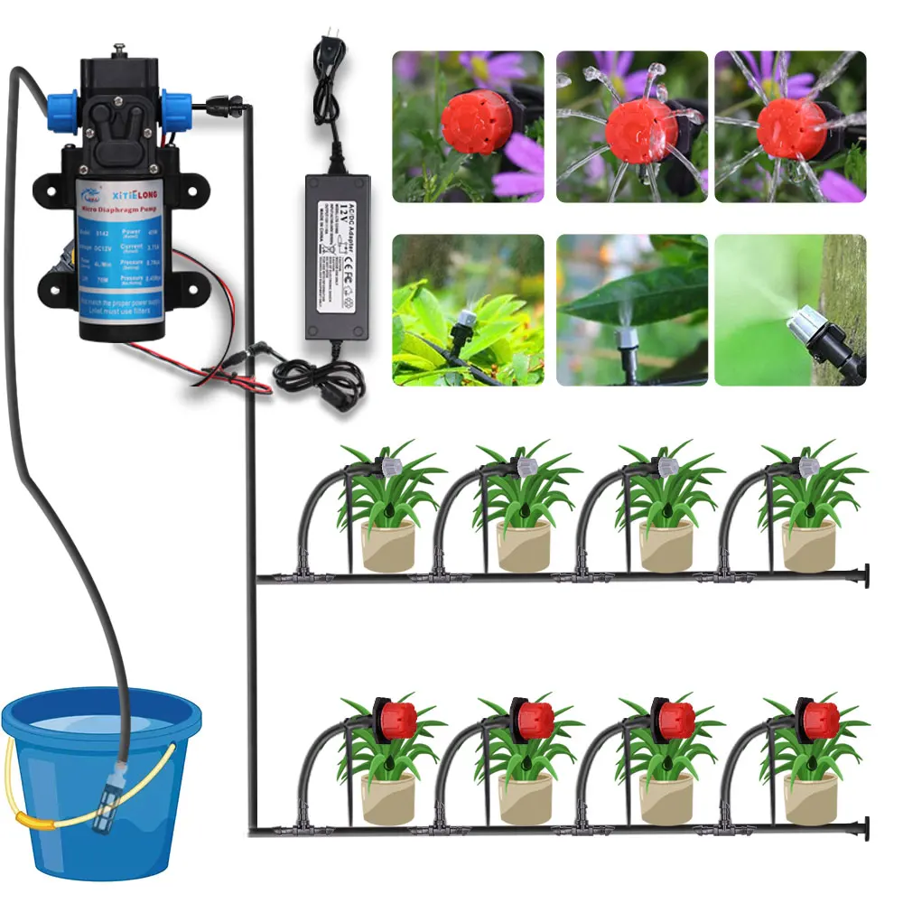 60W Self-Priming Pump Garden Drip Irrigation System Timing Power Supply 5-30M Mist Spray Watering Kits for Courtyard Greenhouse